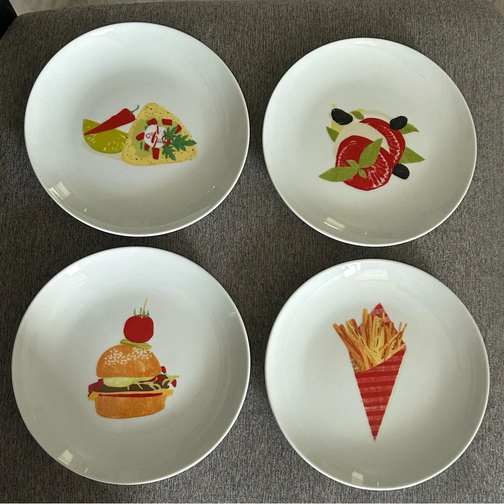 Crate & Barrel Set of 4 Global Bites Appetizer Canape Snack Tidbit Plates